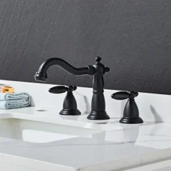 Widespread Bathroom Sink Mixer Faucet, 3 Hole 2 Handle Brass Basin Taps Vessel Water Tap Washroom with Hot and Cold Hose Deck Mounted, Wash Basin Faucet