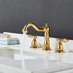 Widespread Bathroom Sink Mixer Faucet, 3 Hole 2 Handle Brass Basin Taps Vessel Water Tap Washroom with Hot and Cold Hose Deck Mounted, Wash Basin Faucet