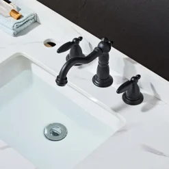 Widespread Bathroom Sink Mixer Faucet, 3 Hole 2 Handle Brass Basin Taps Vessel Water Tap Washroom with Hot and Cold Hose Deck Mounted, Wash Basin Faucet