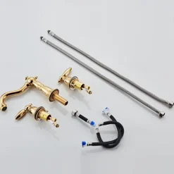 Widespread Bathroom Sink Mixer Faucet, 3 Hole 2 Handle Brass Basin Taps Vessel Water Tap Washroom with Hot and Cold Hose Deck Mounted, Wash Basin Faucet