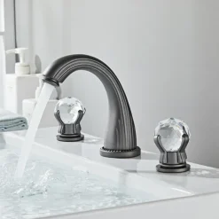 Widespread Bathroom Sink Mixer Faucet, Brass Basin Taps 2 Handle 3 Hole Retro Style Crystal Handle, Washroom Bath with Hot and Cold Water Hose