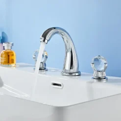 Widespread Bathroom Sink Mixer Faucet, Brass Basin Taps 2 Handle 3 Hole Retro Style Crystal Handle, Washroom Bath with Hot and Cold Water Hose