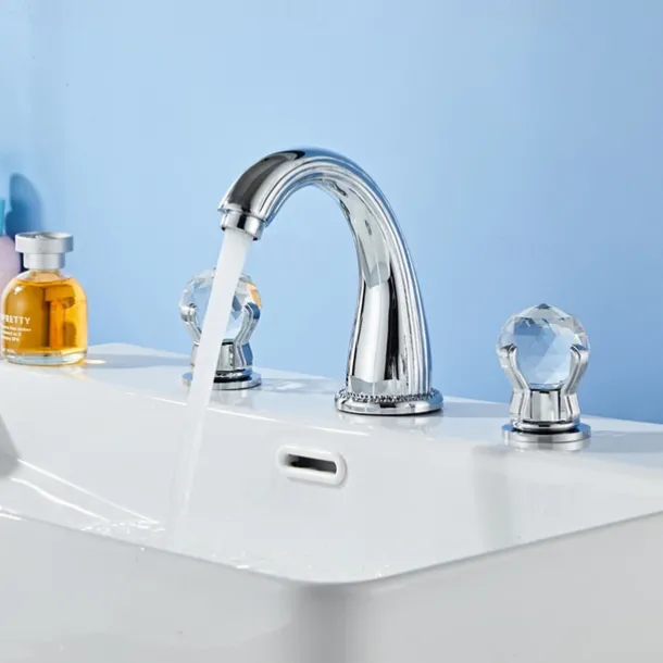 Widespread Bathroom Sink Mixer Faucet, Brass Basin Taps 2 Handle 3 Hole Retro Style Crystal Handle, Washroom Bath with Hot and Cold Water Hose