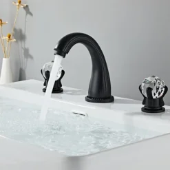 Widespread Bathroom Sink Mixer Faucet, Brass Basin Taps 2 Handle 3 Hole Retro Style Crystal Handle, Washroom Bath with Hot and Cold Water Hose