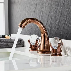 Widespread Bathroom Sink Mixer Faucet, Brass Basin Taps 2 Handle 3 Hole Retro Style Crystal Handle, Washroom Bath with Hot and Cold Water Hose