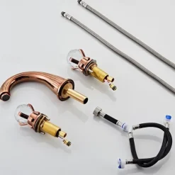 Widespread Bathroom Sink Mixer Faucet, Brass Basin Taps 2 Handle 3 Hole Retro Style Crystal Handle, Washroom Bath with Hot and Cold Water Hose