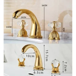 Widespread Bathroom Sink Mixer Faucet, Brass Basin Taps 2 Handle 3 Hole Retro Style Crystal Handle, Washroom Bath with Hot and Cold Water Hose