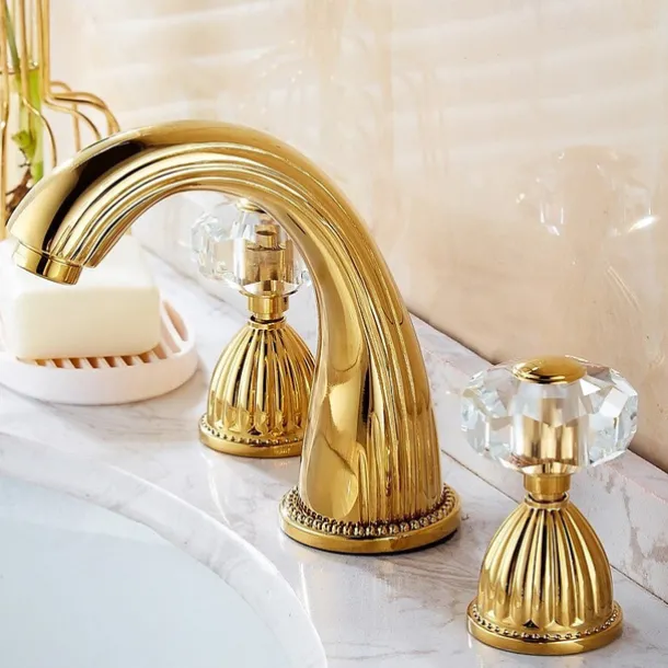 Widespread Bathroom Sink Mixer Faucet, Brass Basin Taps 2 Handle 3 Hole Retro Style Crystal Handle, Washroom Bath with Hot and Cold Water Hose