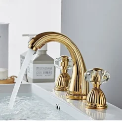 Widespread Bathroom Sink Mixer Faucet, Brass Basin Taps 2 Handle 3 Hole Retro Style Crystal Handle, Washroom Bath with Hot and Cold Water Hose