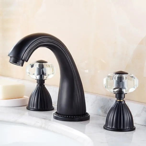 Widespread Bathroom Sink Mixer Faucet, Brass Basin Taps 2 Handle 3 Hole Retro Style Crystal Handle, Washroom Bath with Hot and Cold Water Hose