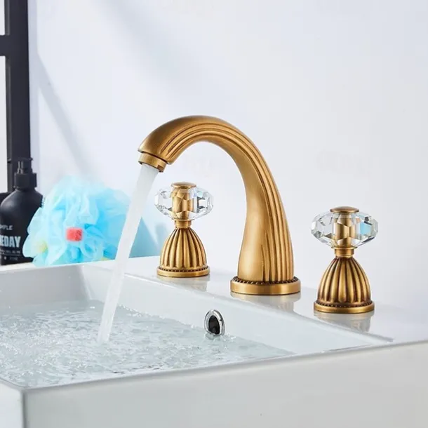 Widespread Bathroom Sink Mixer Faucet, Brass Basin Taps 2 Handle 3 Hole Retro Style Crystal Handle, Washroom Bath with Hot and Cold Water Hose