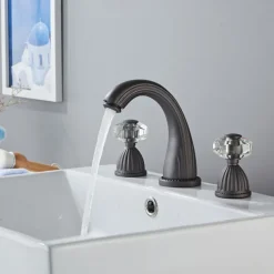 Widespread Bathroom Sink Mixer Faucet, Brass Basin Taps 2 Handle 3 Hole Retro Style Crystal Handle, Washroom Bath with Hot and Cold Water Hose