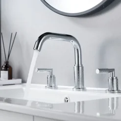 Widespread Bathroom Sink Mixer Faucet 360 Degree Swivel, Brass 3 Hole 2 Handle Basin Tap Deck Mounted, Washroom Basin Vessel Water Tap with Hot and Cold Hose