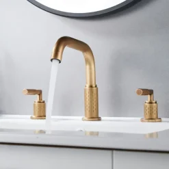 Widespread Bathroom Sink Mixer Faucet 360 Degree Swivel, Brass 3 Hole 2 Handle Basin Tap Deck Mounted, Washroom Basin Vessel Water Tap with Hot and Cold Hose