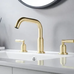 Widespread Bathroom Sink Mixer Faucet 360 Degree Swivel, Brass 3 Hole 2 Handle Basin Tap Deck Mounted, Washroom Basin Vessel Water Tap with Hot and Cold Hose