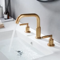 Widespread Bathroom Sink Mixer Faucet 360 Degree Swivel, Brass 3 Hole 2 Handle Basin Tap Deck Mounted, Washroom Basin Vessel Water Tap with Hot and Cold Hose