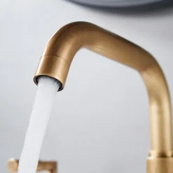 Widespread Bathroom Sink Mixer Faucet 360 Degree Swivel, Brass 3 Hole 2 Handle Basin Tap Deck Mounted, Washroom Basin Vessel Water Tap with Hot and Cold Hose