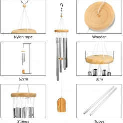 Wind Chimes with 6 Aluminum Tubes Wooden Wind Bell Memorial Wind Chimes Best Gift Chimes Decor for Garden Patio Outdoor Hanging Decor