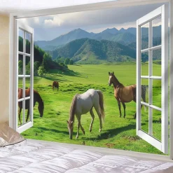 Window Animals Bear Hanging Tapestry Wall Art Large Tapestry Mural Decor Photograph Backdrop Blanket Curtain Home Bedroom Living Room Decoration