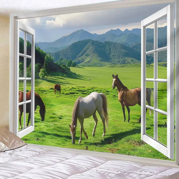 Window Animals Bear Hanging Tapestry Wall Art Large Tapestry Mural Decor Photograph Backdrop Blanket Curtain Home Bedroom Living Room Decoration