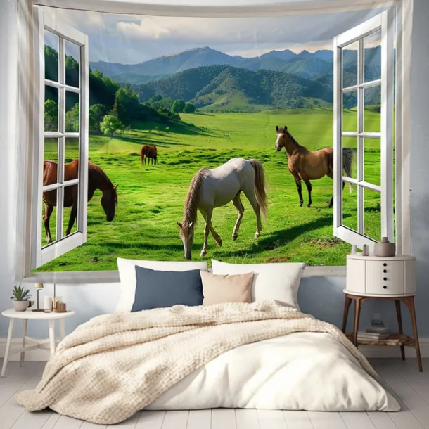 Window Animals Bear Hanging Tapestry Wall Art Large Tapestry Mural Decor Photograph Backdrop Blanket Curtain Home Bedroom Living Room Decoration