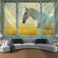 Window Animals Bear Hanging Tapestry Wall Art Large Tapestry Mural Decor Photograph Backdrop Blanket Curtain Home Bedroom Living Room Decoration