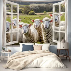 Window Animals Bear Hanging Tapestry Wall Art Large Tapestry Mural Decor Photograph Backdrop Blanket Curtain Home Bedroom Living Room Decoration