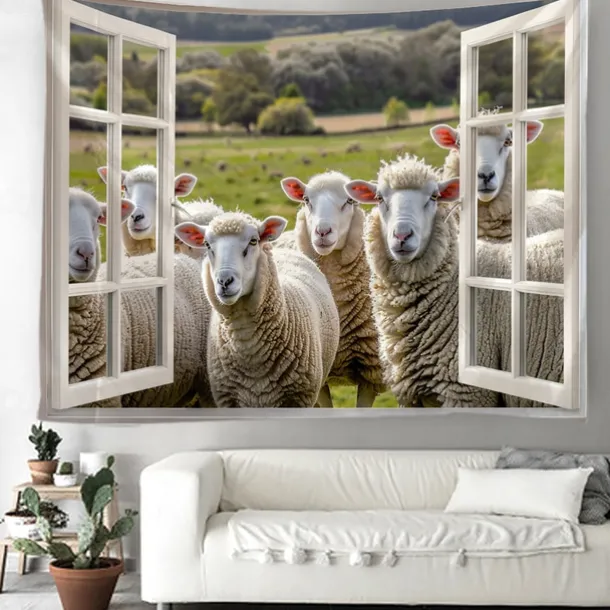 Window Animals Bear Hanging Tapestry Wall Art Large Tapestry Mural Decor Photograph Backdrop Blanket Curtain Home Bedroom Living Room Decoration