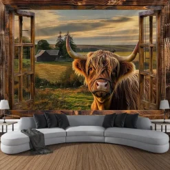 Window Animals Bear Hanging Tapestry Wall Art Large Tapestry Mural Decor Photograph Backdrop Blanket Curtain Home Bedroom Living Room Decoration