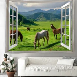 Window Animals Bear Hanging Tapestry Wall Art Large Tapestry Mural Decor Photograph Backdrop Blanket Curtain Home Bedroom Living Room Decoration