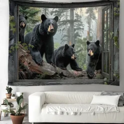 Window Animals Bear Hanging Tapestry Wall Art Large Tapestry Mural Decor Photograph Backdrop Blanket Curtain Home Bedroom Living Room Decoration