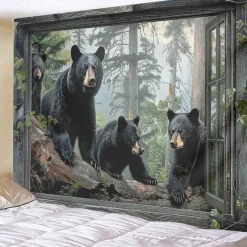 Window Animals Bear Hanging Tapestry Wall Art Large Tapestry Mural Decor Photograph Backdrop Blanket Curtain Home Bedroom Living Room Decoration