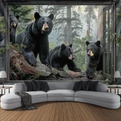 Window Animals Bear Hanging Tapestry Wall Art Large Tapestry Mural Decor Photograph Backdrop Blanket Curtain Home Bedroom Living Room Decoration