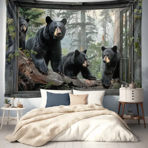 Window Animals Bear Hanging Tapestry Wall Art Large Tapestry Mural Decor Photograph Backdrop Blanket Curtain Home Bedroom Living Room Decoration