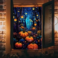 Window Cover Decorations, Fabric Folk Art Pumpkins Curtain Horror Movie Poster Window Door Covering Decor for Haunted House, Window Clings Decals Indoor Outdoor