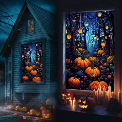 Window Cover Decorations, Fabric Folk Art Pumpkins Curtain Horror Movie Poster Window Door Covering Decor for Haunted House, Window Clings Decals Indoor Outdoor