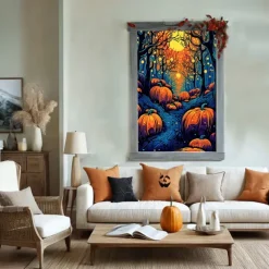 Window Cover Decorations, Fabric Folk Art Pumpkins Curtain Horror Movie Poster Window Door Covering Decor for Haunted House, Window Clings Decals Indoor Outdoor