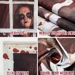 Window Cover Decorations, Fabric Folk Art Pumpkins Curtain Horror Movie Poster Window Door Covering Decor for Haunted House, Window Clings Decals Indoor Outdoor