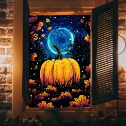 Window Cover Decorations, Fabric Folk Art Pumpkins Curtain Horror Movie Poster Window Door Covering Decor for Haunted House, Window Clings Decals Indoor Outdoor