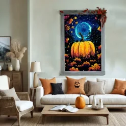 Window Cover Decorations, Fabric Folk Art Pumpkins Curtain Horror Movie Poster Window Door Covering Decor for Haunted House, Window Clings Decals Indoor Outdoor