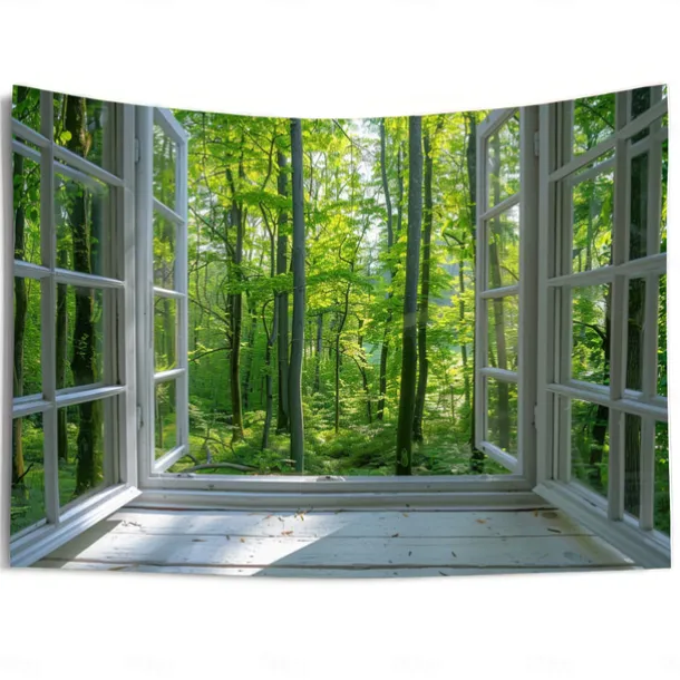 Window Forest View Hanging Tapestry Wall Art Large Tapestry Mural Decor Photograph Backdrop Blanket Curtain Home Bedroom Living Room Decoration
