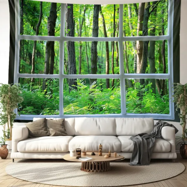 Window Forest View Hanging Tapestry Wall Art Large Tapestry Mural Decor Photograph Backdrop Blanket Curtain Home Bedroom Living Room Decoration
