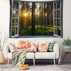 Window Forest View Hanging Tapestry Wall Art Large Tapestry Mural Decor Photograph Backdrop Blanket Curtain Home Bedroom Living Room Decoration