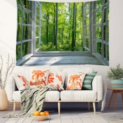 Window Forest View Hanging Tapestry Wall Art Large Tapestry Mural Decor Photograph Backdrop Blanket Curtain Home Bedroom Living Room Decoration
