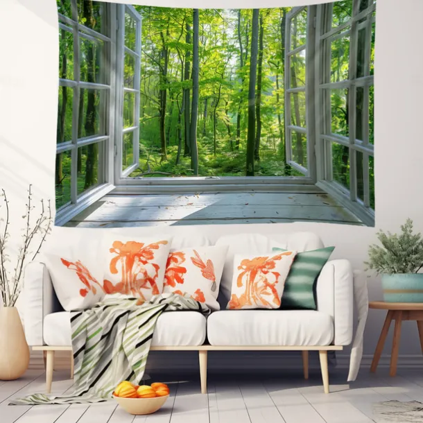 Window Forest View Hanging Tapestry Wall Art Large Tapestry Mural Decor Photograph Backdrop Blanket Curtain Home Bedroom Living Room Decoration