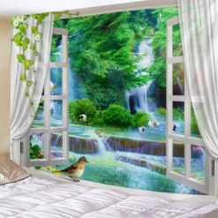 Window Landscape Large Wall Tapestry Art Decor Blanket Curtain Hanging Home Bedroom Living Room Decoration Waterfall Bird Crane