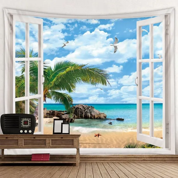 Window Landscape Wall Tapestry Art Decor Blanket Curtain Picnic Tablecloth Hanging Home Bedroom Living Room Dorm Decoration Polyester Sea Ocean Beach Palm