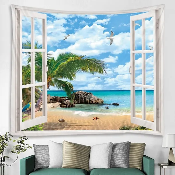 Window Landscape Wall Tapestry Art Decor Blanket Curtain Picnic Tablecloth Hanging Home Bedroom Living Room Dorm Decoration Polyester Sea Ocean Beach Palm