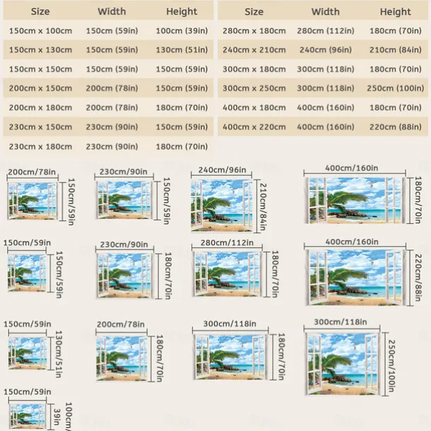 Window Landscape Wall Tapestry Art Decor Blanket Curtain Picnic Tablecloth Hanging Home Bedroom Living Room Dorm Decoration Polyester Sea Ocean Beach Palm