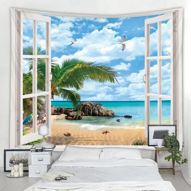 Window Landscape Wall Tapestry Art Decor Blanket Curtain Picnic Tablecloth Hanging Home Bedroom Living Room Dorm Decoration Polyester Sea Ocean Beach Palm